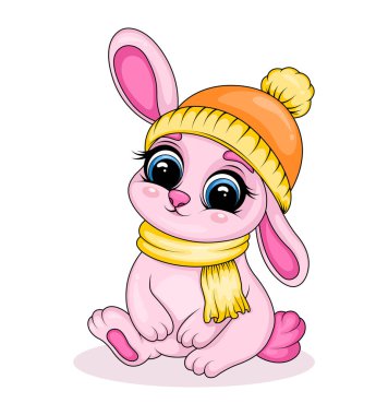 Şapka ve eşarp takmış şirin kış tavşanı çocuk resimleri için sevimli yavru tavşan karakteri.