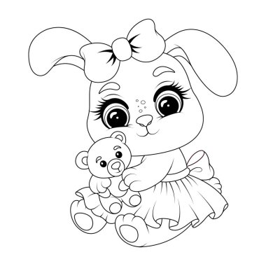 Tavşan kız boyama sayfası, oyuncak ayı, çizgi film tavşan ana hatları çocuk aktivitesi ve boyama kitabı.