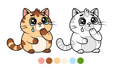 Üzgün, ağlayan kedi çizgi filmi. Sevimli illüstrasyon ve boyama sayfası.