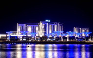 20 Kasım 2020. Aydınlatılmış Sezar Sarayı Oteli 'nin güzel gece manzarası JBR plajından alındı. Dubai' deki Ain Dubai 'de mavi su adalarında..