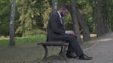Laptop, Park, pan atış bankta oturmuş çalışma iş adamı.