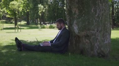 Parkta ağacın altında oturan işadamı, dizüstü bilgisayar üzerinde çalışıyor. Pan atış.
