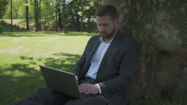 Zakenman zittend onder boom in Park, werken op laptop. — Stockvideo