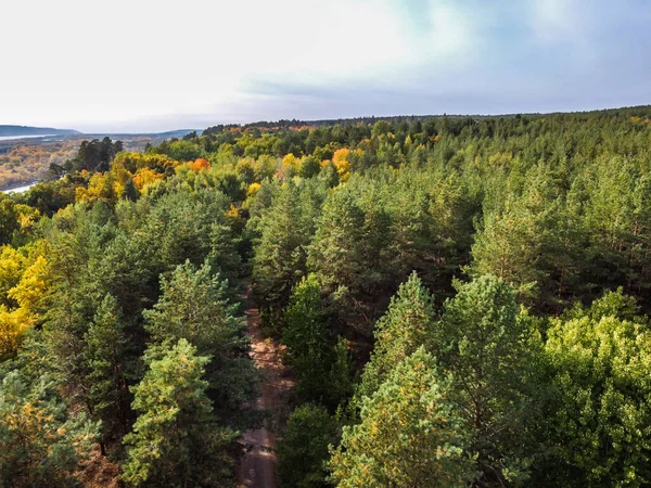 Vista Aérea Del Paisaje Sobre Colorido Bosque Otoño Verde Naranja — Foto de Stock