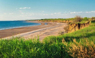 Volga nehrinin kumsal, yüksek uçurum ve yeşil çimen tarlası, Samara bölgesi, Rusya