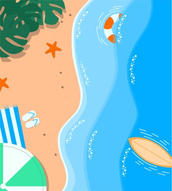 Güneşli sahil, dinlenmek, sörf yapmak, düz çizim