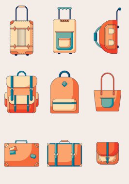 Düz bavul ve el çantaları. Eski tarz renkler. Vector illüstrasyonunda farklı çantalar, sırt çantaları ve valizler..