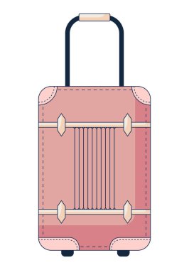   Uçak ya da trenle seyahat etmek için dayanıklı bavul. Bagaj bölümü için bir çanta. Uzun saplı eski tarz tekerlekli bir çanta. Düz bir şekilde vektör illüstrasyonu.