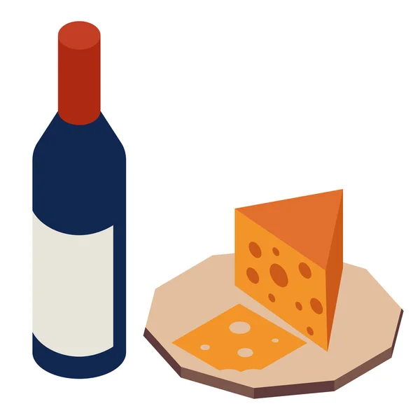 ワインのボトルとプレート上のチーズのピクニックセットとシンプルなベクトルイラスト バーメニューやレストランのウェブサイトのイラスト — ストックベクタ