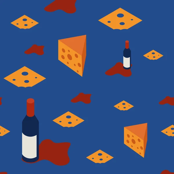 Problemfri mønster med vin og sorm til restaurantmenuer og bannere. En flaske rødvin med stykker hård ost. Vektorillustration i flad stil – Stock-vektor