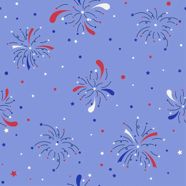 Seamless pattern of the fireworks to the Independence Day and Bastille Day in the national colors of the flags. Blue, White and red firework. The pattern is fixed in swatches — Stock vektor