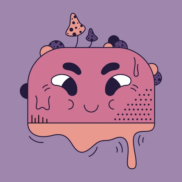 Vector illustratie van een grappig karakter in doodle stijl. Glimlachend mollig monster met champignons op zijn hoofd. Abstract karakter voor kinderen — Stockvector