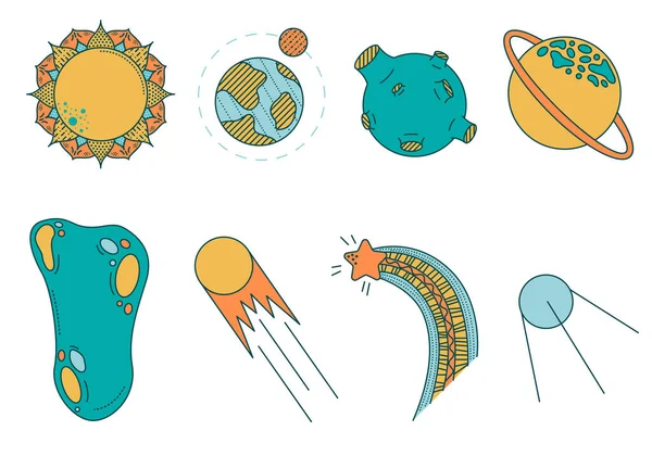 Nette Cartoon-Weltraum-Set von Planeten, Kometen, Asteroiden, Sternen und Satelliten. Ikonen im handgezeichneten Doodle-Stil. — Stockvektor