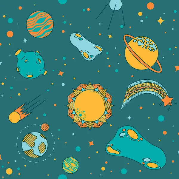 Modèle sans couture de l'espace dessiné à la main dans le style doodle. Système solaire cartoon avec comètes, astéroïdes, planètes et étoiles. Modèle fixé dans des échantillons. — Image vectorielle