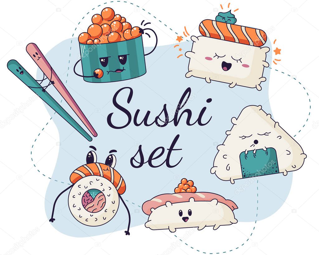 Vector sushi cartoon characters illustration. Illustration of rolls, onigiri, gunkan, and other sushi staff. illustration on doodle kawaii style.