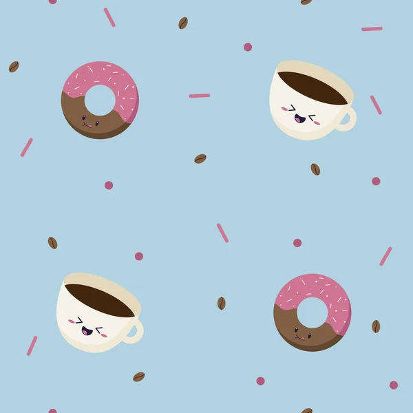 Płynny wzór różowych słodkich pączków z musujących na górze i prosty kubek kawy z ziaren kawy izolowanych na niebieskim tle. Ilustracja wektora bazgrołów Kawajów. Wzór zamocowany w próbkach — Wektor stockowy