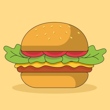 Sarı arka planda izole edilmiş şirin çizgi film hamburgeri. Abur cuburların düz bir şekilde resmedilmesini kabul et.