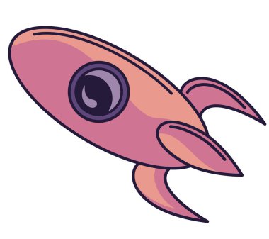 Roketin vektör çizimi. Evren ve uzay temalı beyaz bir arkaplan üzerinde düz çizim.