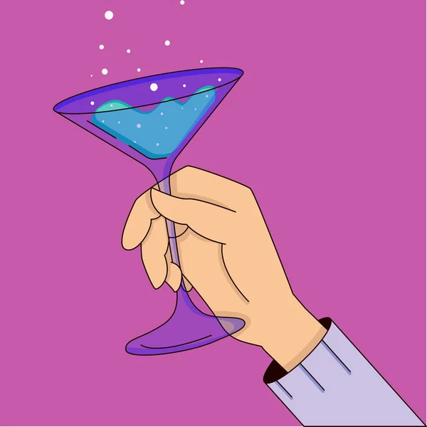 Illustration av fest, hand med glas cocktail, dricka drinkar. Tecknad vektor illustration i platt stil. — Stock vektor