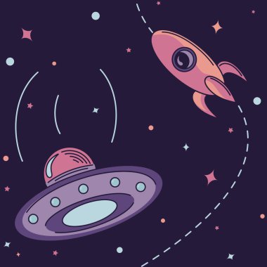 UFO ve roketin vektör çizimi. Evren ve uzay temalı koyu mor bir arkaplanda düz çizim.