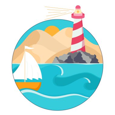Çöl tepeleri, deniz feneri ve basit manzaranın vektör yuvarlak etiketi. Denizdeki tekne, arka plan şablonu. Düz bir şekilde vektör illüstrasyonu.