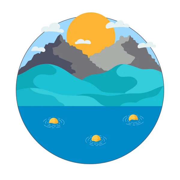 Vector round label of simple landscape of a mountain and sea, background template. Vector illustration in a flat style. — Vector de stock