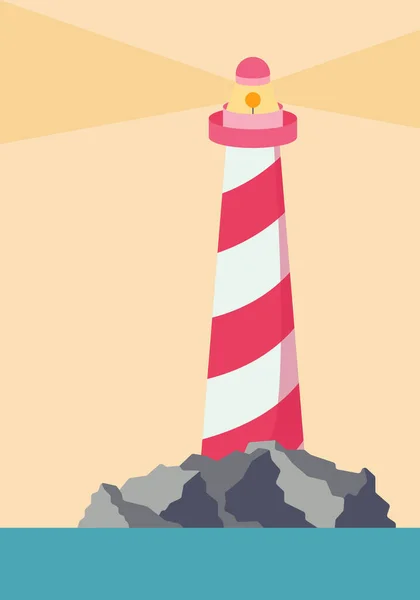 Vector postcard of a simple landscape of a lighthouse in the ocean on a rocks, background template. Vector illustration in a flat style. — Vector de stock