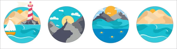 Set of a round simple landscape of a desert hills, lighthouse, boat into the ocean, mountain, hills, background template. Vector illustration in a flat style. — Vector de stock