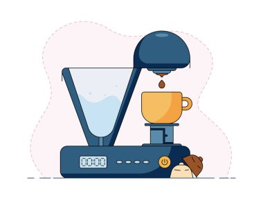 Kahve ve süt kapsüllü kahve makinesinin vektör çizimi, sarı fincanda kahve demleme. Düz bir tarzda, soyut bir arkaplan, beyaz bir resimde izole edilmiş..