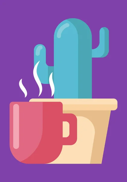 Муг з гарячим напоєм перед горщиком з кактусом. Мультфільм Векторні ілюстрації в плоскому стилі, ізольовані на фіолетовому фоні . — стоковий вектор