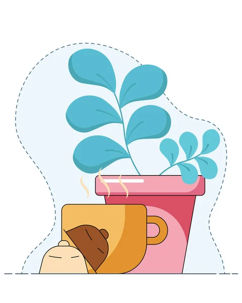 Mug with hot coffee made by capsule brewing, in front of pot with a flower. Cartoon vector illustration in a flat style, isolated on a blue and white background. — Stockvektor