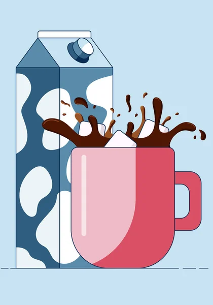 Sugar cubes drop into the mug splashing hot coffee, in front of milk carton . Cartoon vector illustration in a flat style, isolated on a blue and white background. — Stockvektor