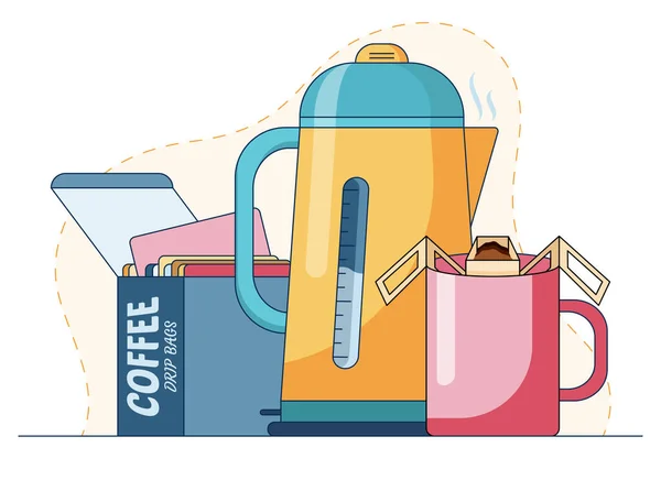 Becher mit Heißgetränk aus Kaffeebeuteln und heißem Wasser. Cartoon-Vektor-Illustration in flachem Stil, isoliert auf blauem und weißem Hintergrund. — Stockvektor