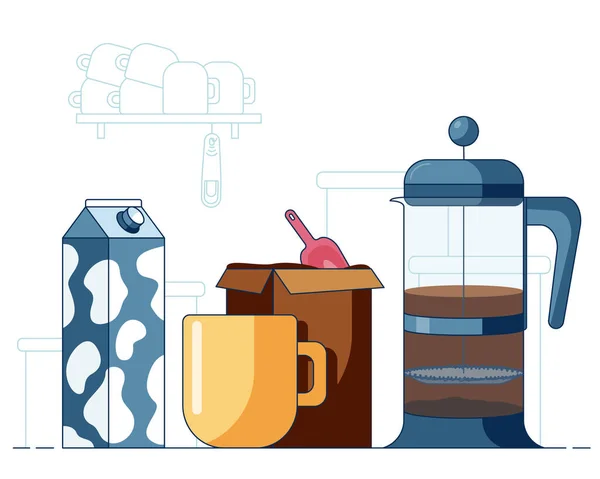 Becher mit heißem Kaffee aus französischer Produktion, Schachtel mit Kaffee und Milch vor schlichter Küche. Cartoon-Vektor-Illustration in flachem Stil, isoliert auf blauem und weißem Hintergrund. — Stockvektor