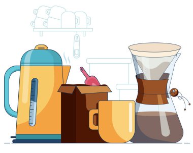 Sıcak kahve bardağı, Kemex sürahi ve filtre poşeti, kahve ve elektrikli su ısıtıcısı ile mutfak önü. Çizgi film vektör çizimi düz bir şekilde, mavi ve beyaz arkaplanda izole edilmiş.
