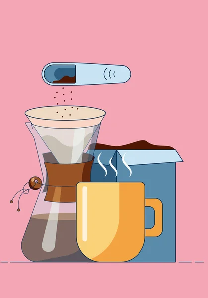 Becher mit heißem Kaffee, Kemex-Kanne und Filterbeutel, Schachtel mit Kaffee und Löffel. Cartoon-Vektor-Illustration in flachem Stil, isoliert auf blauem und weißem Hintergrund. — Stockvektor