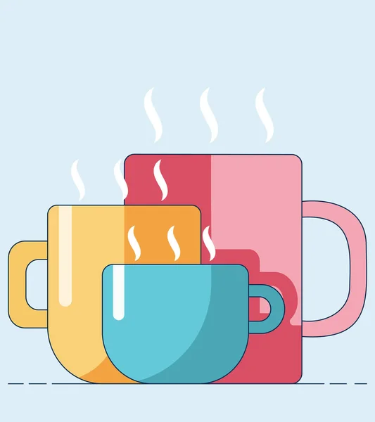 Мультяшні чашки з гарячими напоями різного розміру і кольору ізольовані на синьому фоні. Рожеві, сині та жовті чашки в рівному стилі . — стоковий вектор