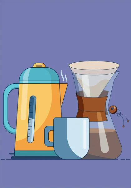Becher mit heißem Kaffee, Kanne, Filterbeutel und Wasserkocher. Cartoon-Vektor-Illustration in flachem Stil, isoliert auf violettem Hintergrund. — Stockvektor