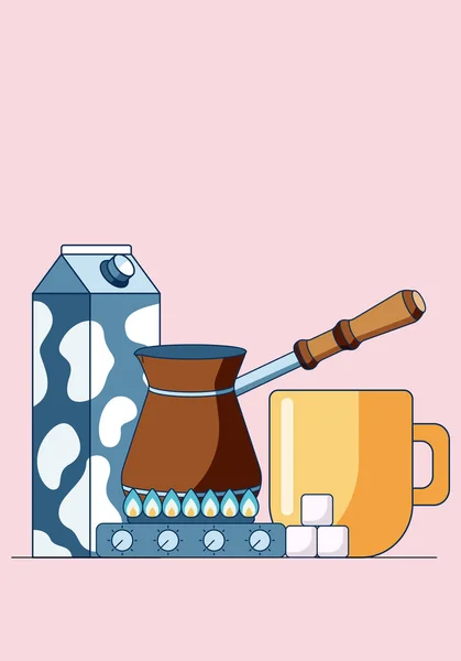 Konzeption Illustration der Herstellung von Kaffee cezve auf Gasherd. Illustration der morgendlichen Routine der Kaffeezubereitung mit Zucker und Milch isoliert auf rosa Hintergrund.. — Stockvektor