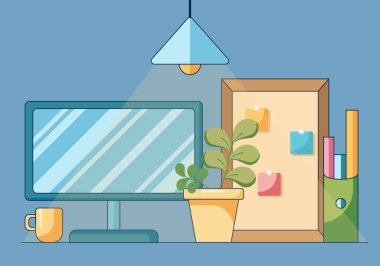 Çizgi film ev ofisi işi ya da bilgisayarda çalışmak. Mavi arkaplanda izole edilmiş düz bir şekilde uzak iş yeri kavramı.