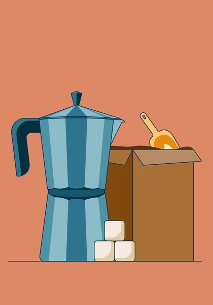 Cartoon-Vektor-Illustration einer einfachen Geysir-Kaffeemaschine mit Zucker und Schachtel voller Kaffee isoliert auf rotem Hintergrund. Vektor-Illustration im flachen Stil. — Stockvektor