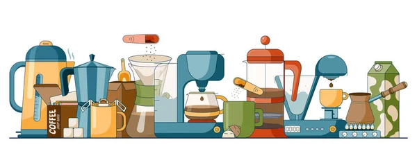 Cartoon-set von verschiedenen brühmethoden von kaffee, krüge, becher und wasserkocher, elektrische kaffeemaschine und aus gas. Vektor-Illustration im flachen Stil — Stockvektor