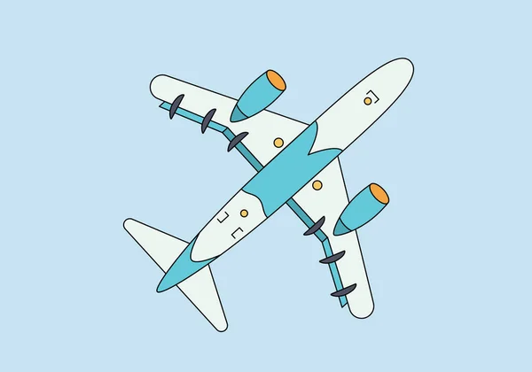 하늘을 나는 비행기에 대한 만화 영화, 푸른 배경 위에 고립된 단순 한 아이콘. 평평 한 형태의 벡터 그림. — 스톡 벡터