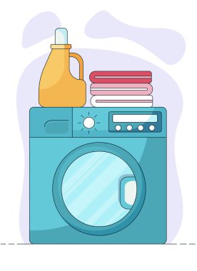 İç konsept, pembe havlular ve çamaşır makinesinin tepesindeki sabun şişesi soyut bir mor arka planda izole edilmiş. Çizgi film çizimi düz stil