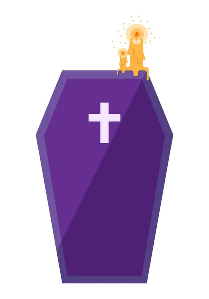 Cartoon illustration of melted candle on the top of the creepy purple coffin. Vector illustration in a flat style. — Stock Vector