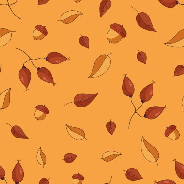 Sonbahar yaprakları ve kırmızı ve sarı renklerde meşe palamudu turuncu arka planda izole edilmiş. Çizgi film çizimi düz elli çizim tarzında.