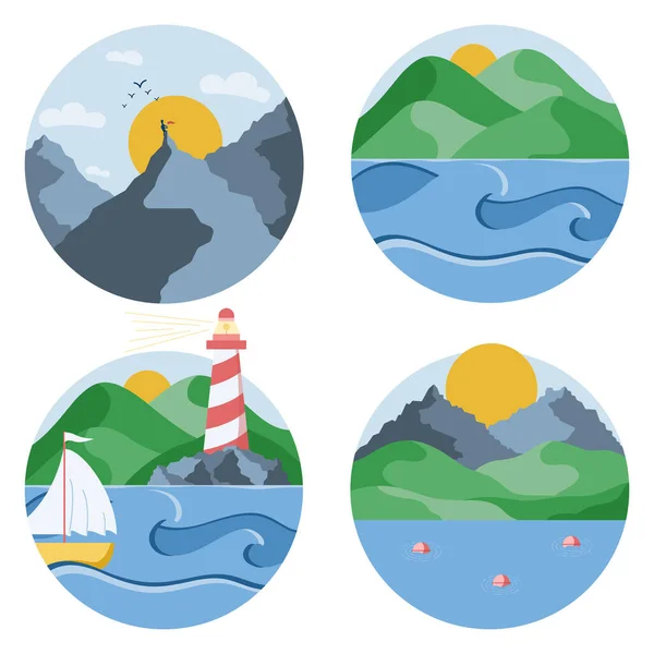 Kruhové ikony letních krajin s různými pohledy na moře, hory a kopce. Vektorová ilustrace v plochém stylu. — Stockový vektor