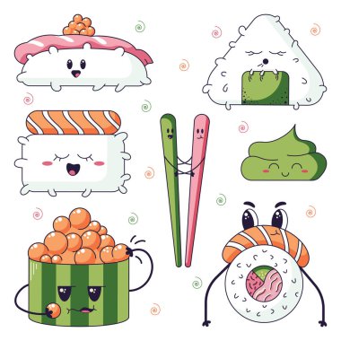 Kawaii suşisi, ton balığı, somon, karides ve beyaz arka planda izole edilmiş diğer deniz ürünleri. Düz bir şekilde vektör illüstrasyonu.