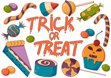 Şeker ya da şeker karışımının illüstrasyonunu ele alalım. Cadılar bayramı partisinde beyaz arka planda izole edilmiş garip şekerlemeler, turtalar ve kekler..