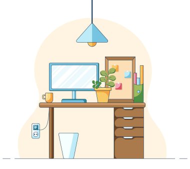 Bilgisayarda karantina, iş ya da eğitim süresince ofis kavramı. Sarı zemin üzerinde izole edilmiş düz bir şekilde uzak iş yeri kavramı.